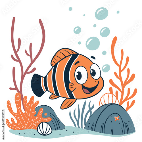 Cartoon clownfish swimming joyfully isolated on white background