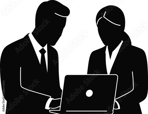 Two business professionals collaborating over laptop, office teamwork, business meeting, corporate partners, working together, professional discussion, business technology.