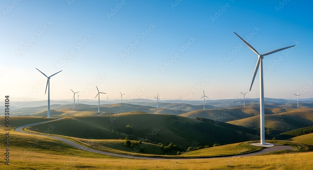 Obraz premium Stunning wind farm landscape at sunrise with rolling hills and clear blue sky