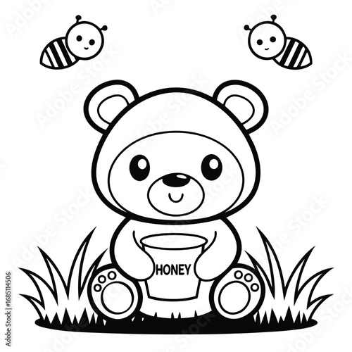Cute plump teddy bear sitting on grass isolated on white background