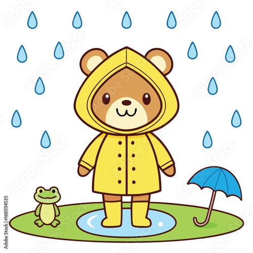 Cute happy cartoon bear in hooded raincoat isolated on white background