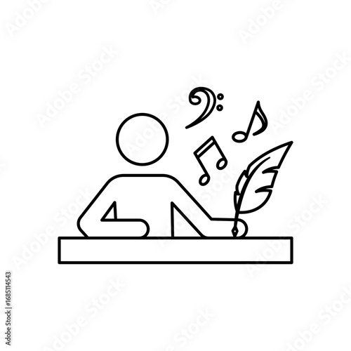 A simplified person writes on a surface with musical notes floating near a feather quill. Editable stroke. Vector illustration