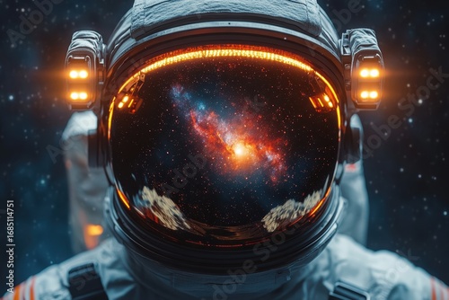 Close-up of astronaut helmet reflecting a stunning galaxy filled with stars and cosmic colors