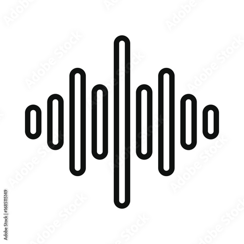 An audio wave icon featuring varying vertical lines thicker and rounded at ends diminishing in height from center to sides. Editable stroke. Vector illustration