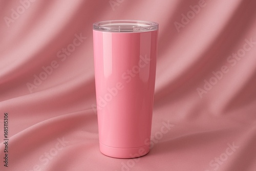 Pink tumbler mockup on silk background