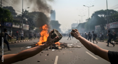 Hands armed with rocks during intense urban street protest with burning barricade and rising smoke