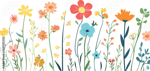 Whimsical watercolor wildflowers in a vibrant meadow with a clean white background