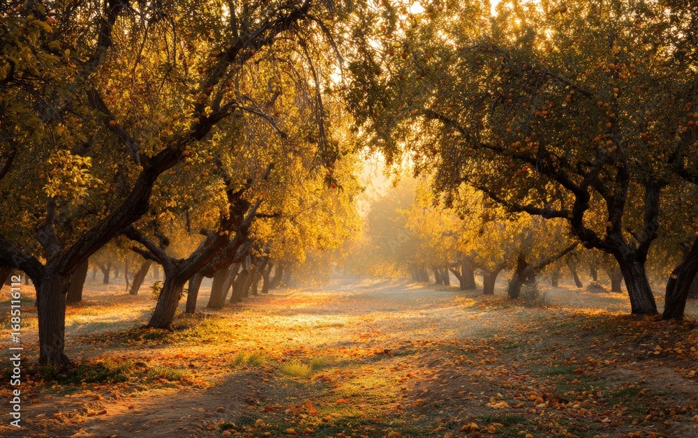 Obraz premium A forest of trees with leaves on the ground