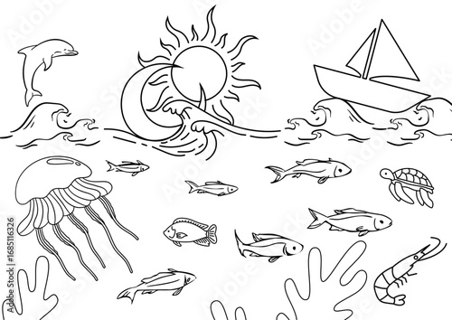 cute adult coloring page with seascape; easy to print! concept of relaxation, freedom, calmness