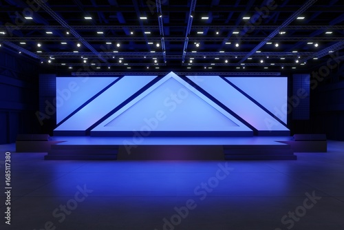 Empty stage Design for mockup and Corporate identity,Display.Platform elements in hall.Blank screen system for Graphic Resources.Scene event led night light staging.3d Background for online.3 render.