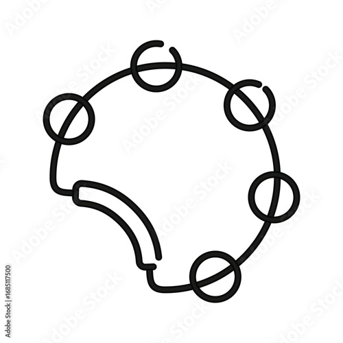 Black outline of a tambourine with six jingles attached to its frame. Editable stroke. Vector illustration