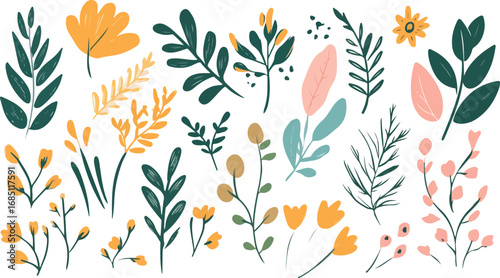 Collection of hand drawn botanical elements featuring yellow flowers green leaves and pink accents