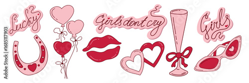 Pink sticker pack in a coquette aesthetic for Valentine's Day and girls bachelor party. Festive vector illustrations in doodle style. Hearts, and romance elements for invitations, diary, scrapbook.