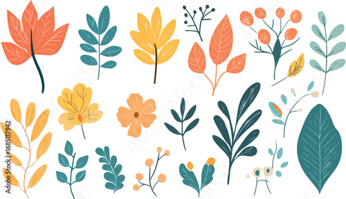 Collection of hand drawn stylized autumn leaves and floral elements in warm earthy colors