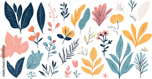 Vibrant collection of abstract botanical elements and tropical leaves in a whimsical artistic style
