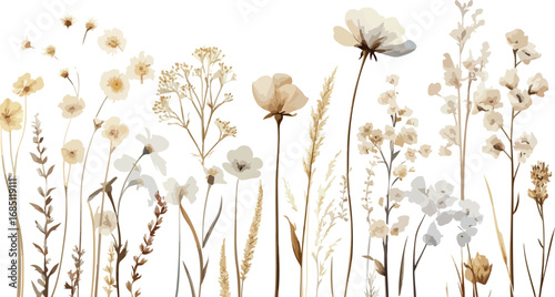 Delicate watercolor painting of a meadow filled with soft ethereal dried wildflowers and grasses