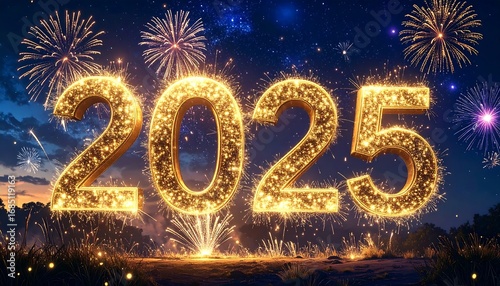 Sparkling golden 2025 numerals with fireworks display