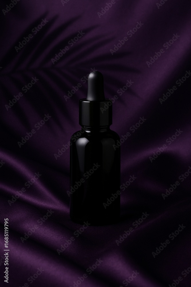 Naklejka premium Black dropper bottle mockup on purple silk fabric background