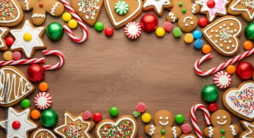 Festive holiday treats border with gingerbread cookies, candy canes, and colorful candies on wood