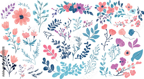 Delicate watercolor floral elements and botanical sprigs in a whimsical garden arrangement