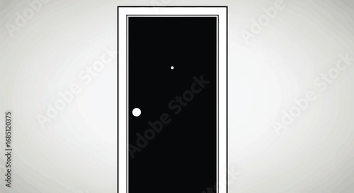 Vector illustration of closed door with white frame and black panel, against a white wall backdrop