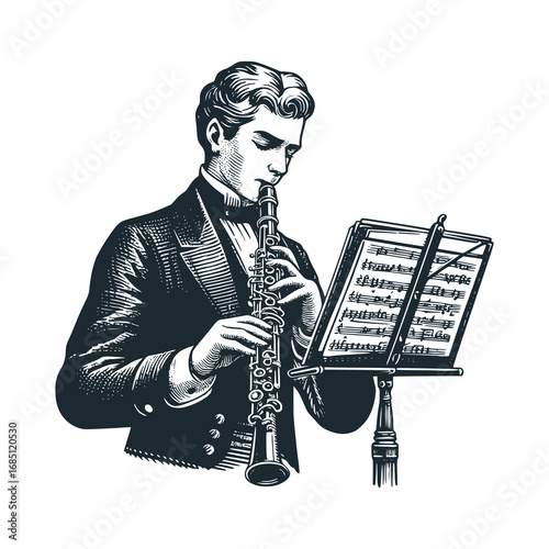 Flute orchestra player – Black and White Icon Vector and Illustration