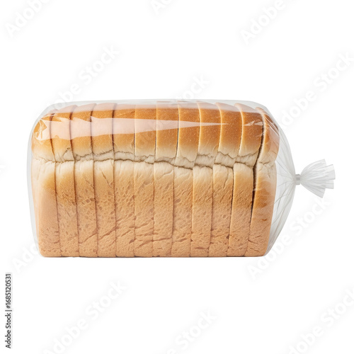 Photo of a loaf of sliced white bread in a clear plastic bag, isolated on a transparent background, representing bakery products and everyday food