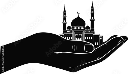 Silhouette, hand, holding, mosque, Islamic, architecture, dome, minaret, faith, religion, spirituality, protection, culture, heritage, sacred, support,
