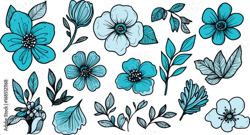 Collection of hand drawn turquoise blue watercolor flowers and leaves in a loose artistic style