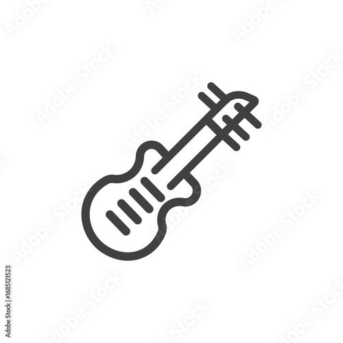 Line art of a guitar with tuning pegs strings and a body. Editable stroke. Vector illustration