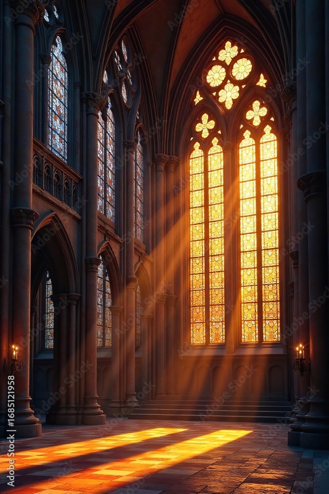 Fototapeta premium Awe-inspiring gothic cathedral, bathed in the golden light of sunset Intricate architectural details and stained glass windows create a breathtaking scene of faith and artistry , divine, gothic