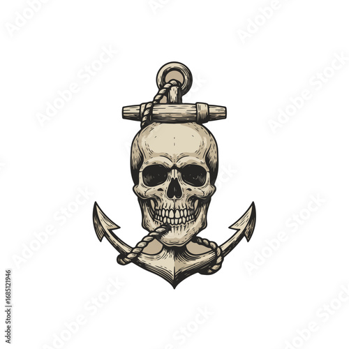 Skull with an anchor behind it, with a rope wrapped around both in a vintage tattoo style.