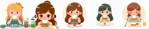 vector of a little girl having a sandwitch breakfast