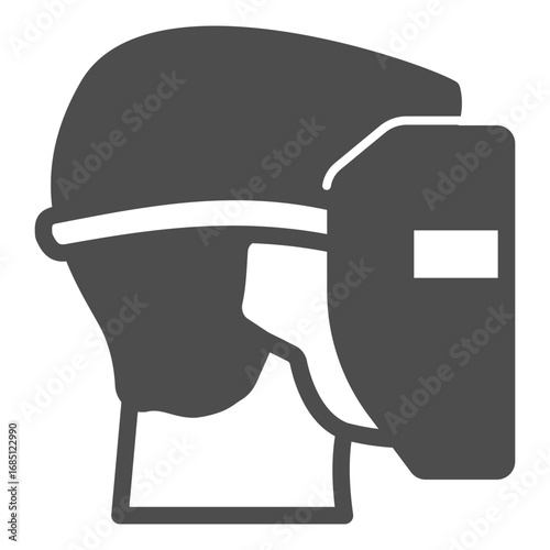 Man head with protective metal mask solid icon, safety workwear concept. Vector graphics. Boy face with mask for welding sign on white background, glyph style icon for mobile or web design.