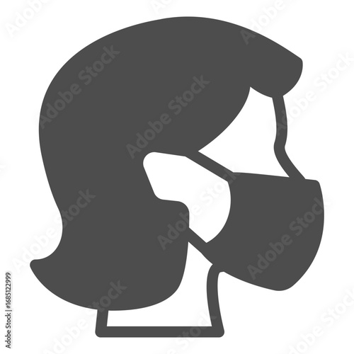 Woman head with antibacterial mask solid icon, safety workwear concept. Vector graphics. Girl face with disposable mask sign on white background, glyph style icon for mobile or web design.
