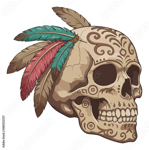 An ornate skull decorated with intricate patterns and colorful feathers, showcasing a cultural design.