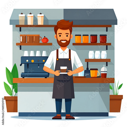 Flat Design Barista Character in Coffee Shop Illustration