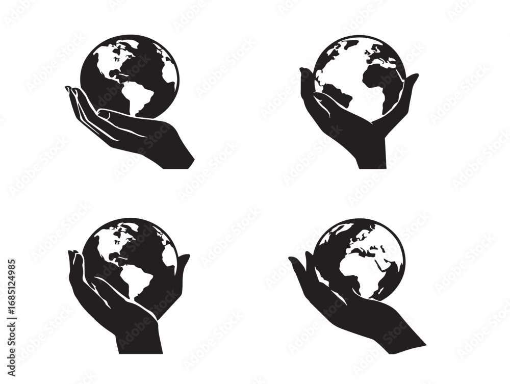 Obraz premium Decorative globe hand silhouette vector icons set for sustainability
