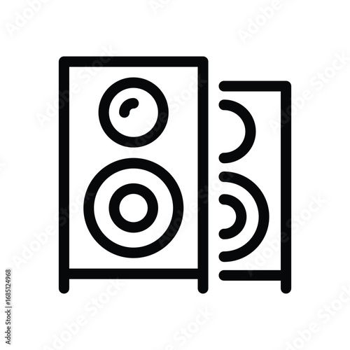 Two speakers are depicted one larger with a tweeter and woofer the other smaller with two semicircular shapes. Editable stroke. Vector illustration