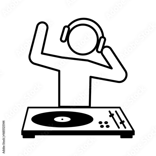 Minimalist black  white illustration of a DJ with headphones at a turntable. Editable stroke. Vector illustration