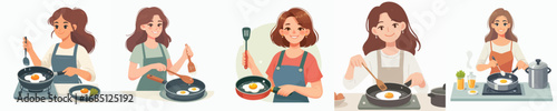 vector of a woman frying a sunny side up egg