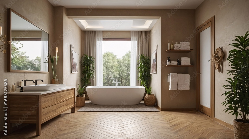 Fototapeta premium A serene bathroom setting featuring a modern freestanding bathtub, wooden cabinetry, and lush greenery, creating a calming atmosphere.