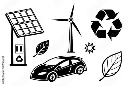 Illustration of renewable energy sources and electric car