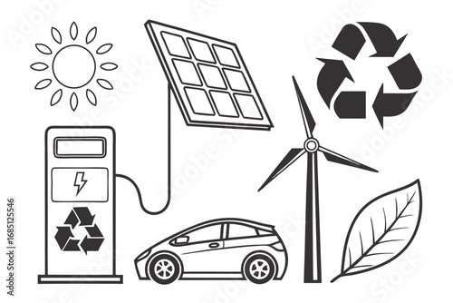 Renewable energy sources and electric car line art