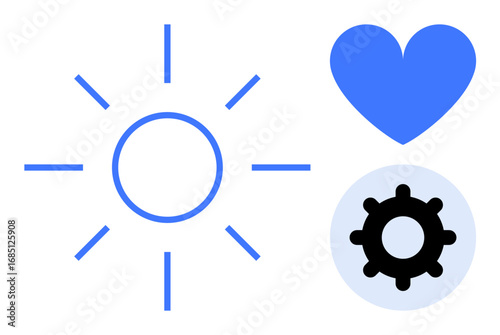 Sun icon with rays represents energy, blue heart stands for love, and gear conveys functionality. Ideal for sustainability, technology, teamwork, self-care, innovation, health simple landing page