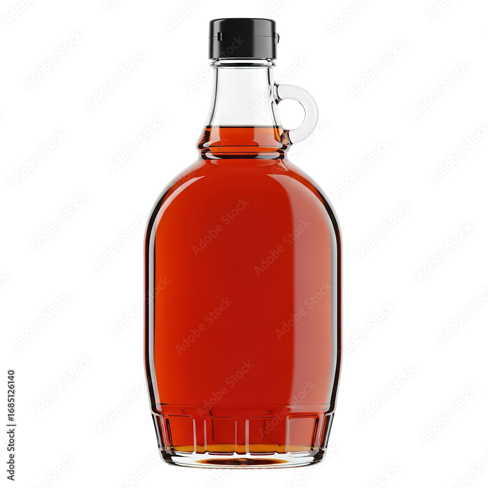 Obraz premium Photo of a clear glass bottle filled with amber liquid, likely maple syrup, with a black cap and a handle, isolated on a transparent background