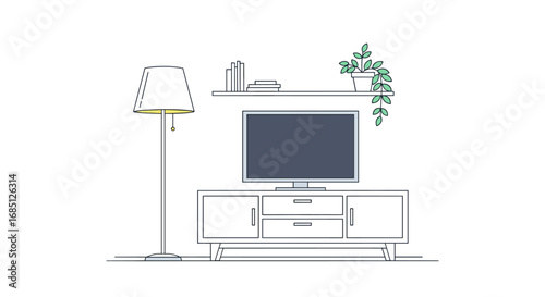 Modern living room entertainment center setup featuring a television shelf and floor lamp design