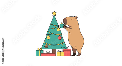 Adorable capybara decorates a festive christmas tree surrounded by colorful presents bringing holiday cheer and seasonal joy to the winter season