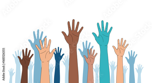 Diverse group of people raising their hands in unity and support demonstrating solidarity and community engagement