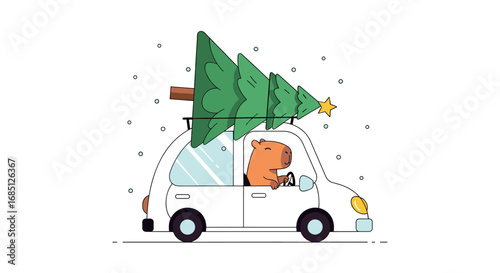 Adorable capybara drives a car through snowy weather carrying a christmas tree home